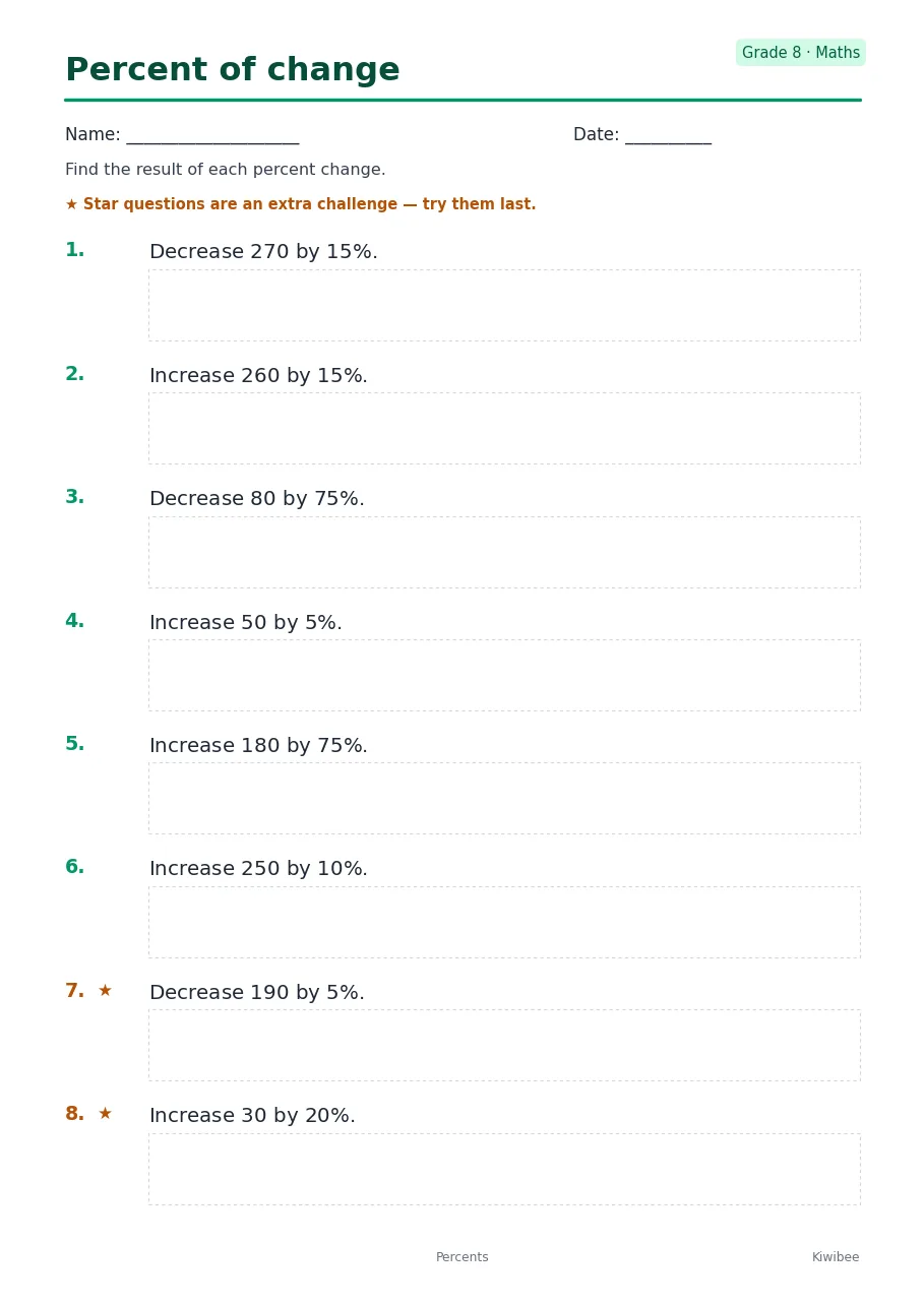 Percent of change worksheet — Grade 8