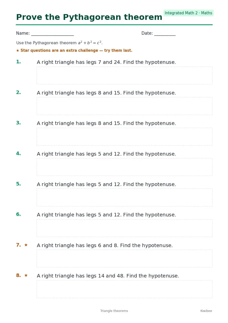 Prove the Pythagorean theorem worksheet — Integrated Math 2