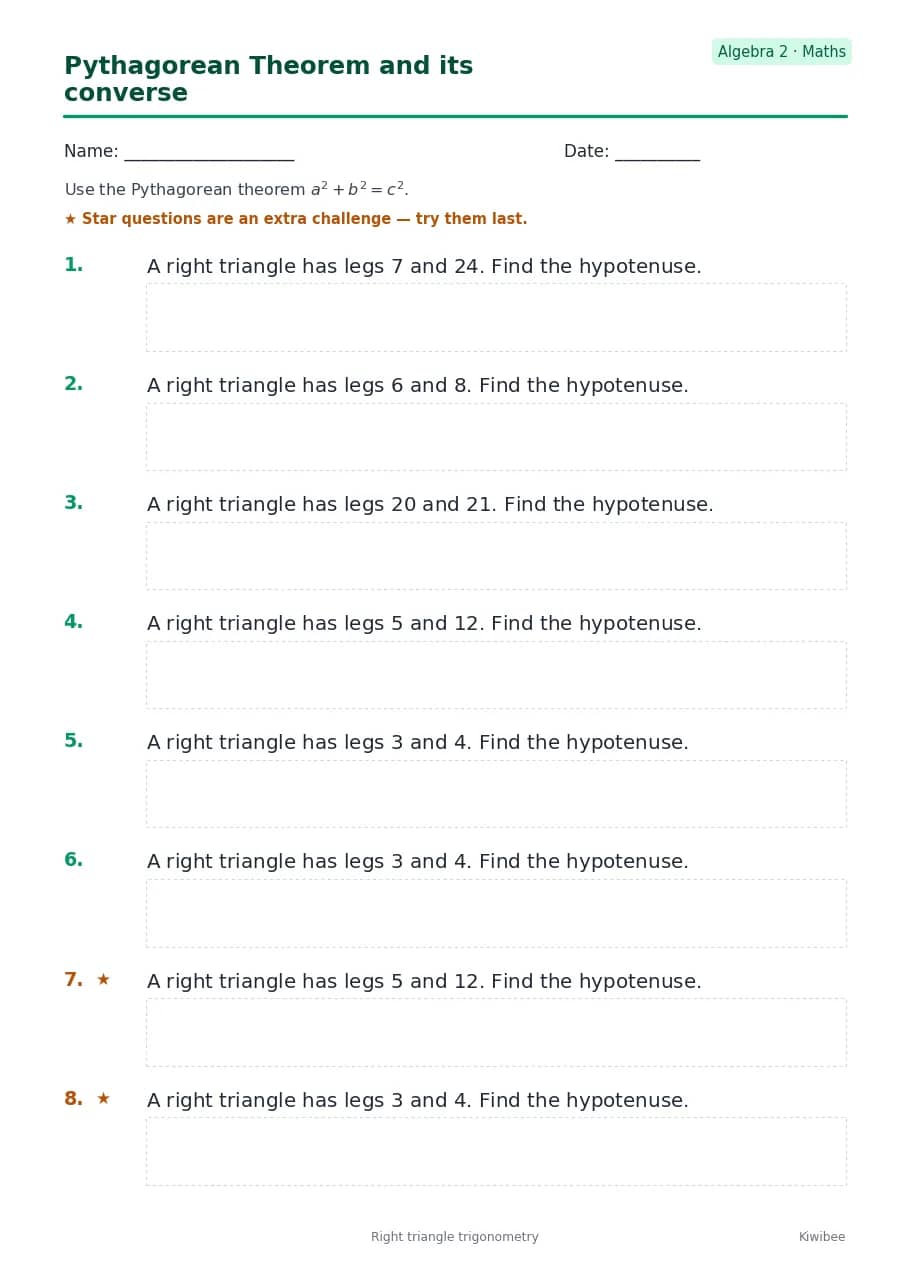 Pythagorean Theorem and its converse worksheet — Algebra 2