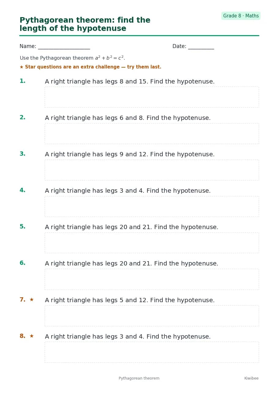 Pythagorean theorem: find the length of the hypotenuse worksheet — Grade 8