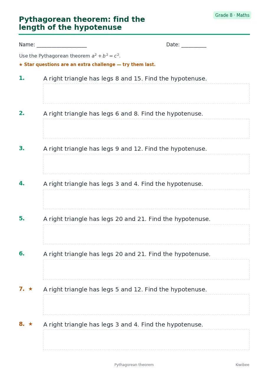 Pythagorean theorem: find the length of the hypotenuse worksheet — Grade 8