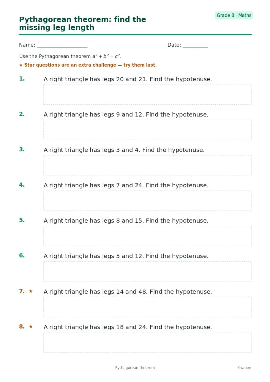 Pythagorean theorem: find the missing leg length worksheet — Grade 8
