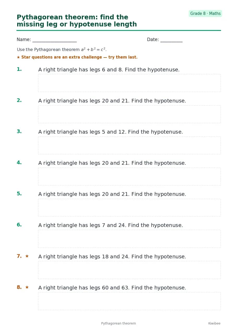 Pythagorean theorem: find the missing leg or hypotenuse length worksheet — Grade 8