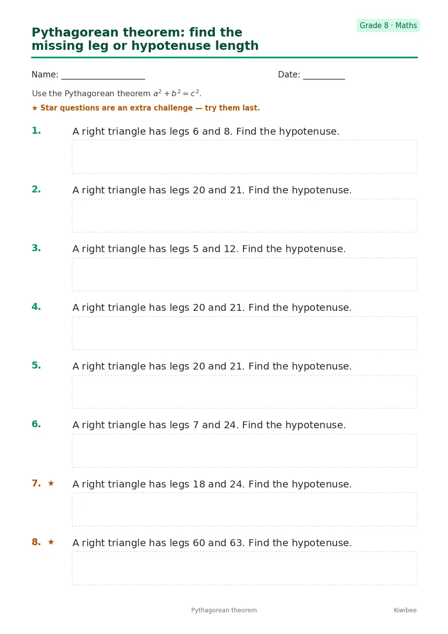 Pythagorean theorem: find the missing leg or hypotenuse length worksheet — Grade 8