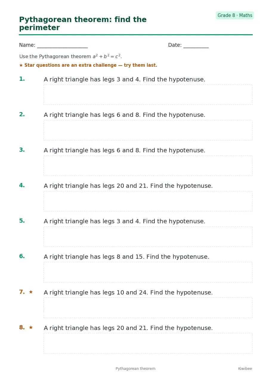 Pythagorean theorem: find the perimeter worksheet — Grade 8