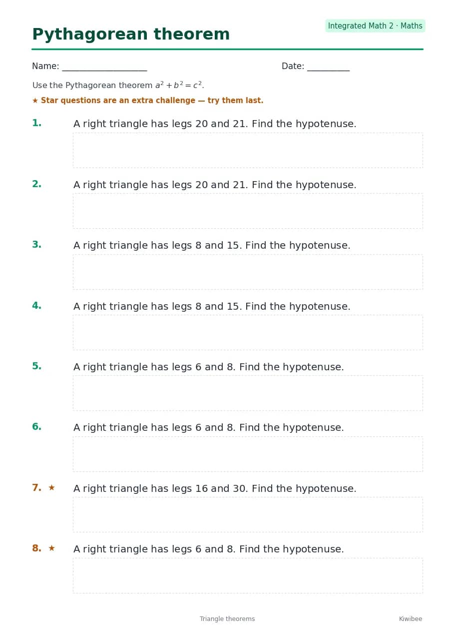 Pythagorean theorem worksheet — Integrated Math 2