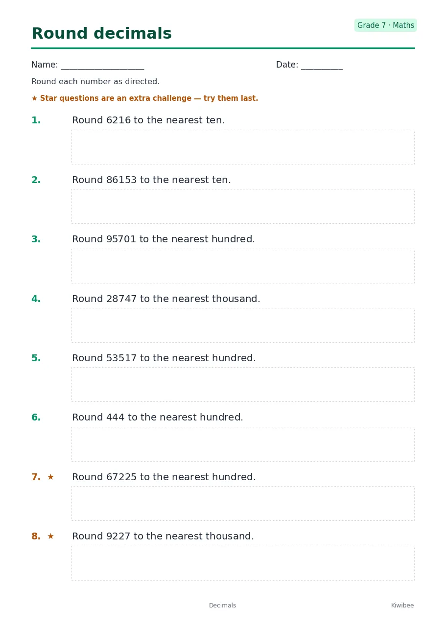 Round decimals worksheet — Grade 7