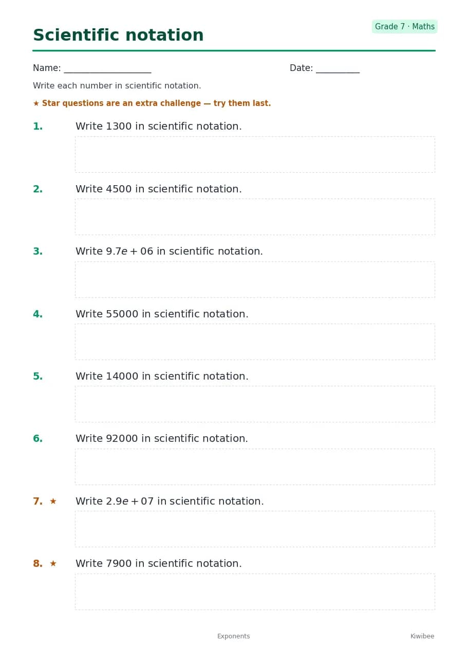 Scientific notation worksheet — Grade 7