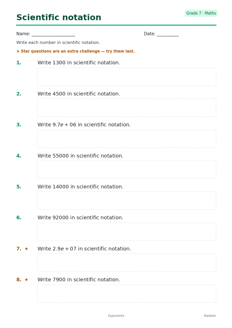 Scientific notation worksheet — Grade 7