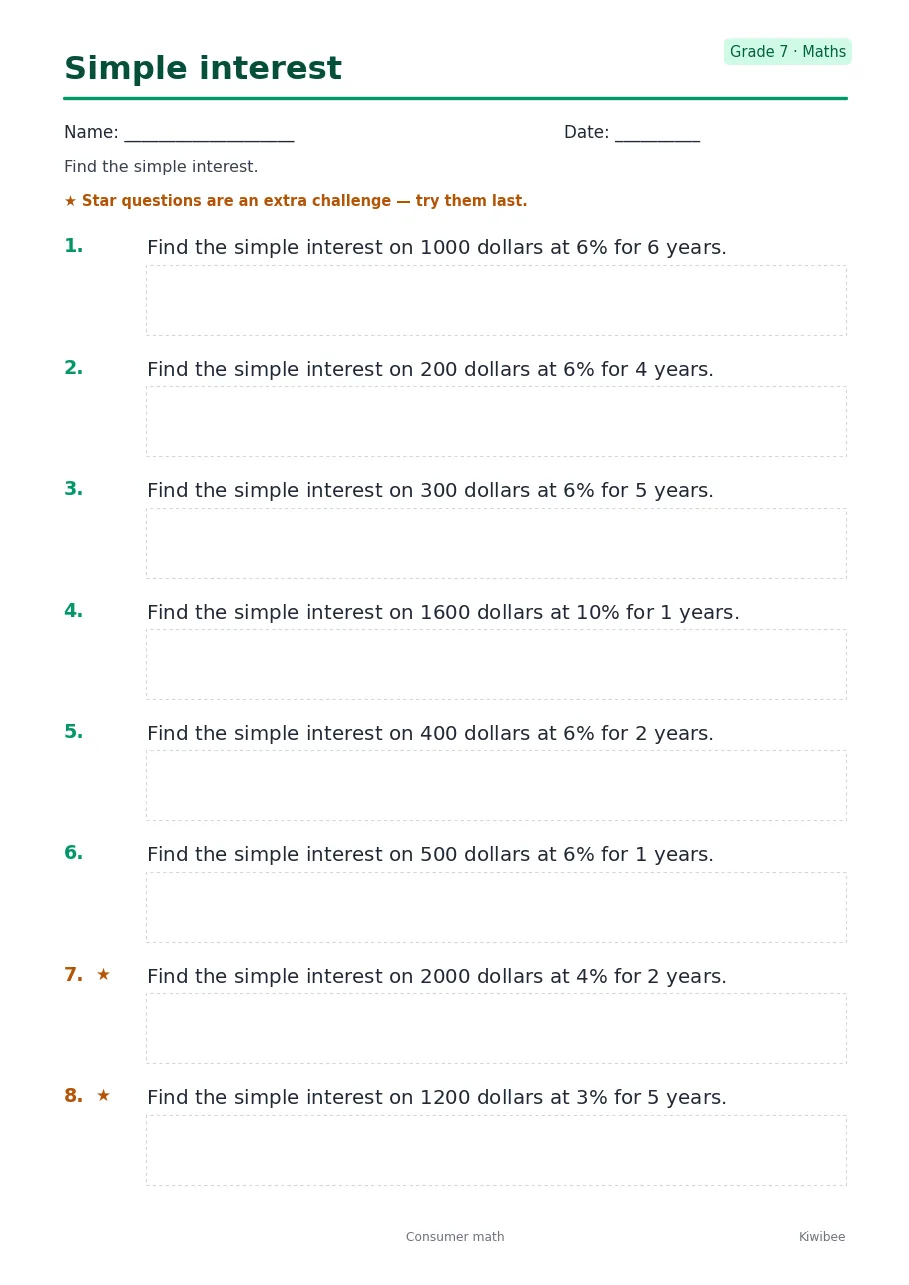 Simple interest worksheet — Grade 7