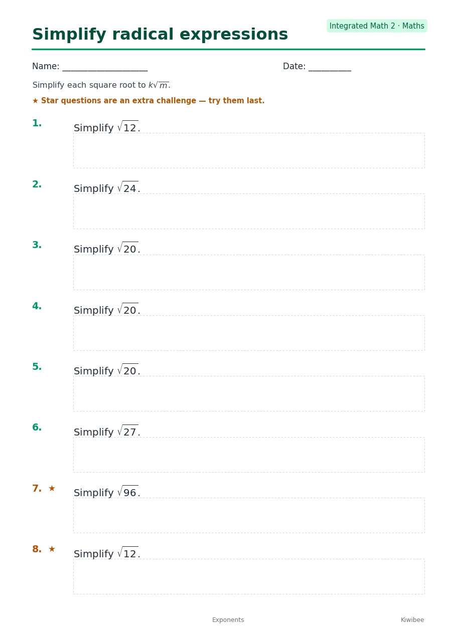 Simplify radical expressions worksheet — Integrated Math 2