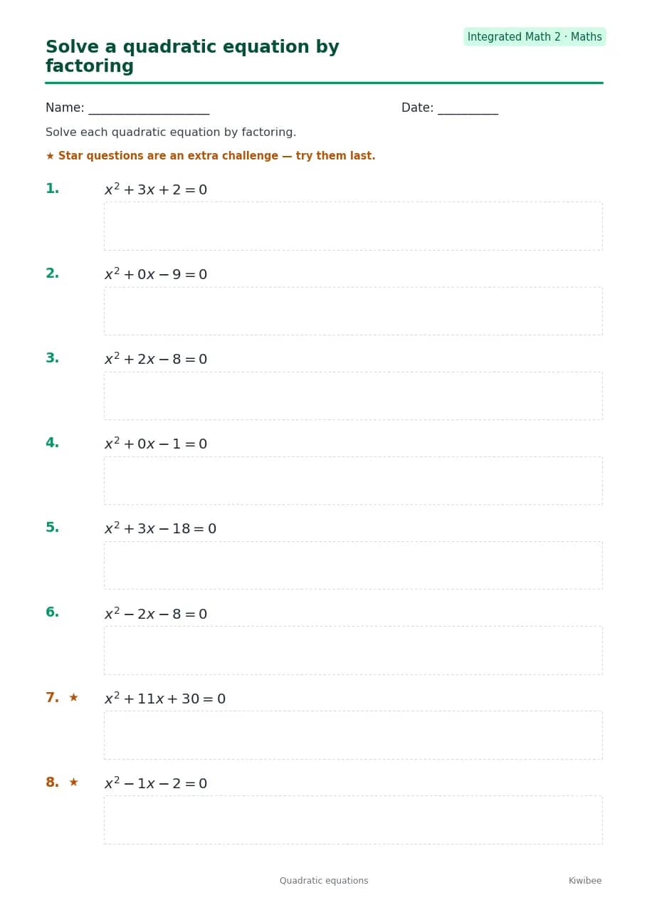 Solve a quadratic equation by factoring worksheet — Integrated Math 2