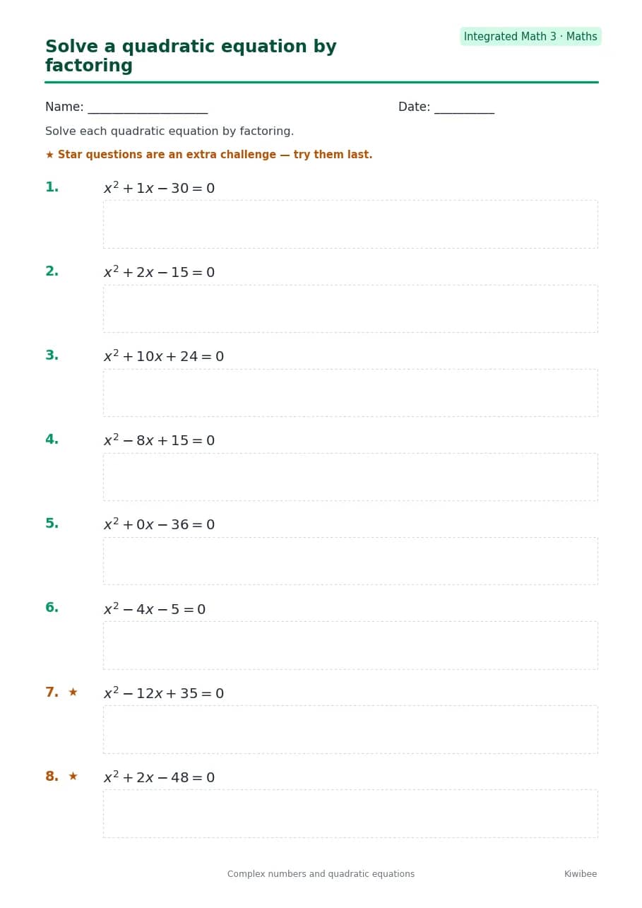 Solve a quadratic equation by factoring worksheet — Integrated Math 3