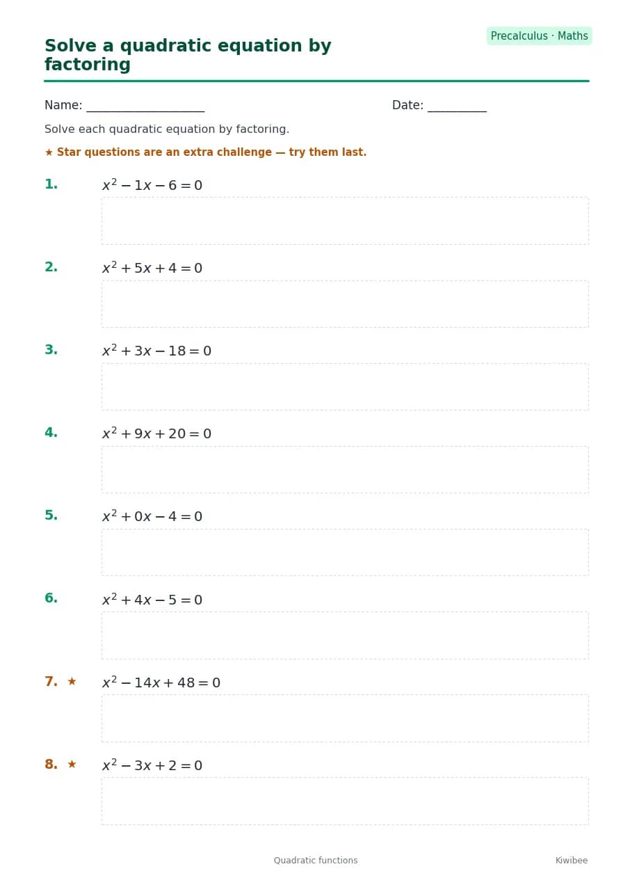 Solve a quadratic equation by factoring worksheet — Precalculus