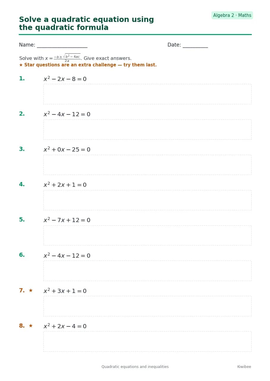 Solve a quadratic equation using the quadratic formula worksheet — Algebra 2