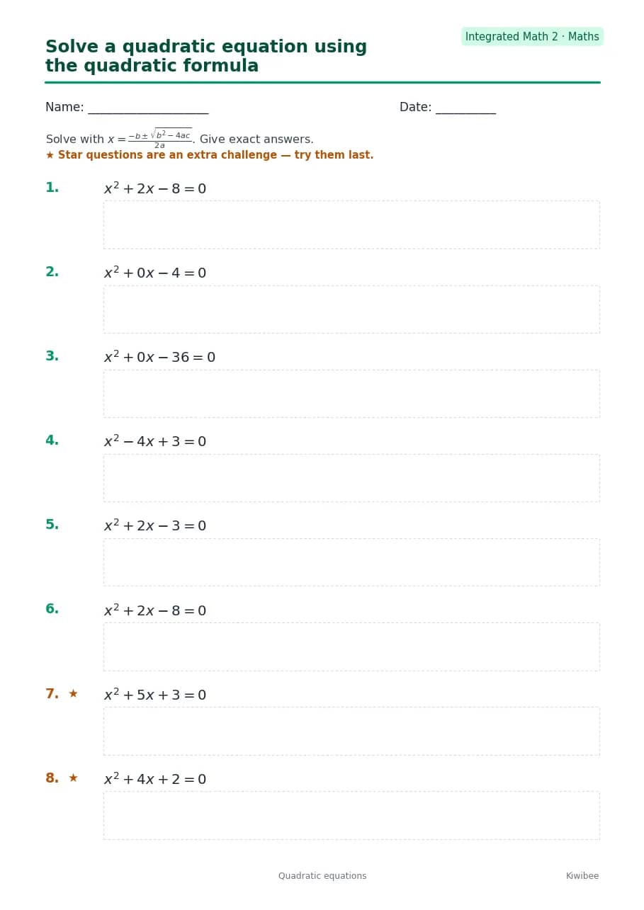 Solve a quadratic equation using the quadratic formula worksheet — Integrated Math 2