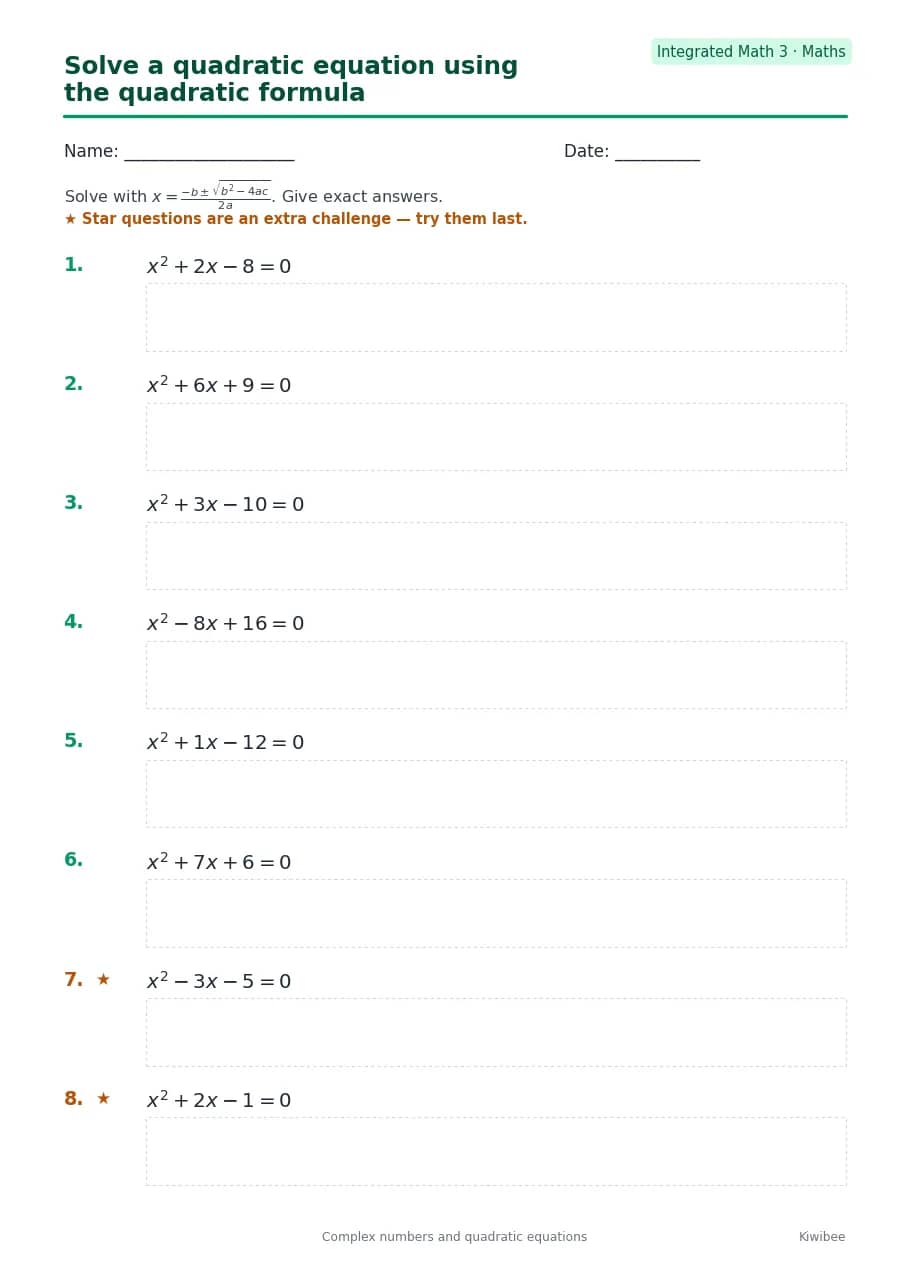 Solve a quadratic equation using the quadratic formula worksheet — Integrated Math 3