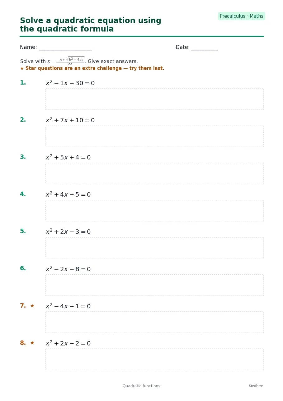 Solve a quadratic equation using the quadratic formula worksheet — Precalculus