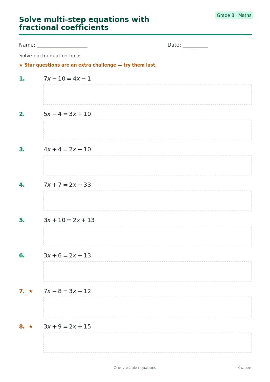 Solve multi-step equations with fractional coefficients worksheet — Grade 8
