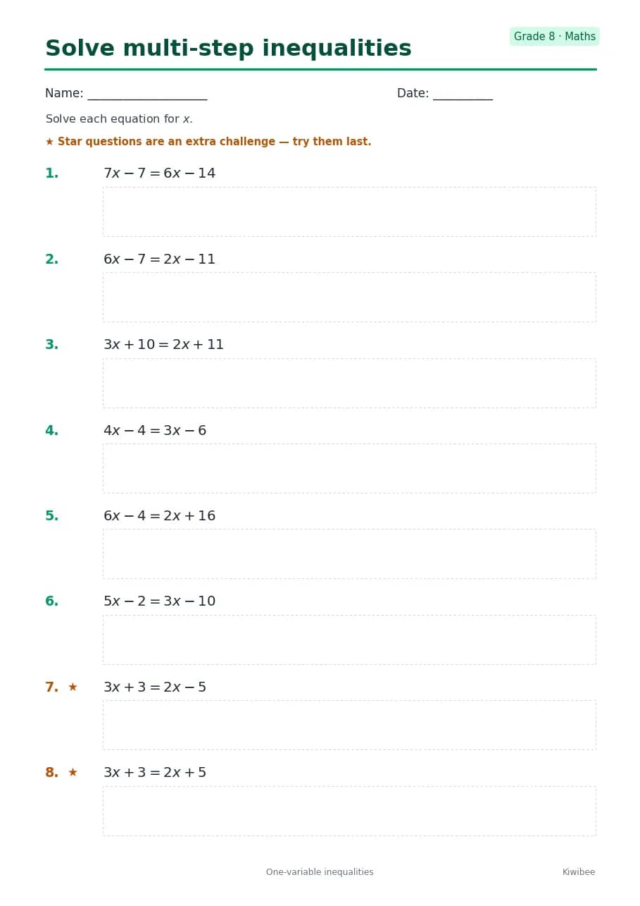 Solve multi-step inequalities worksheet — Grade 8