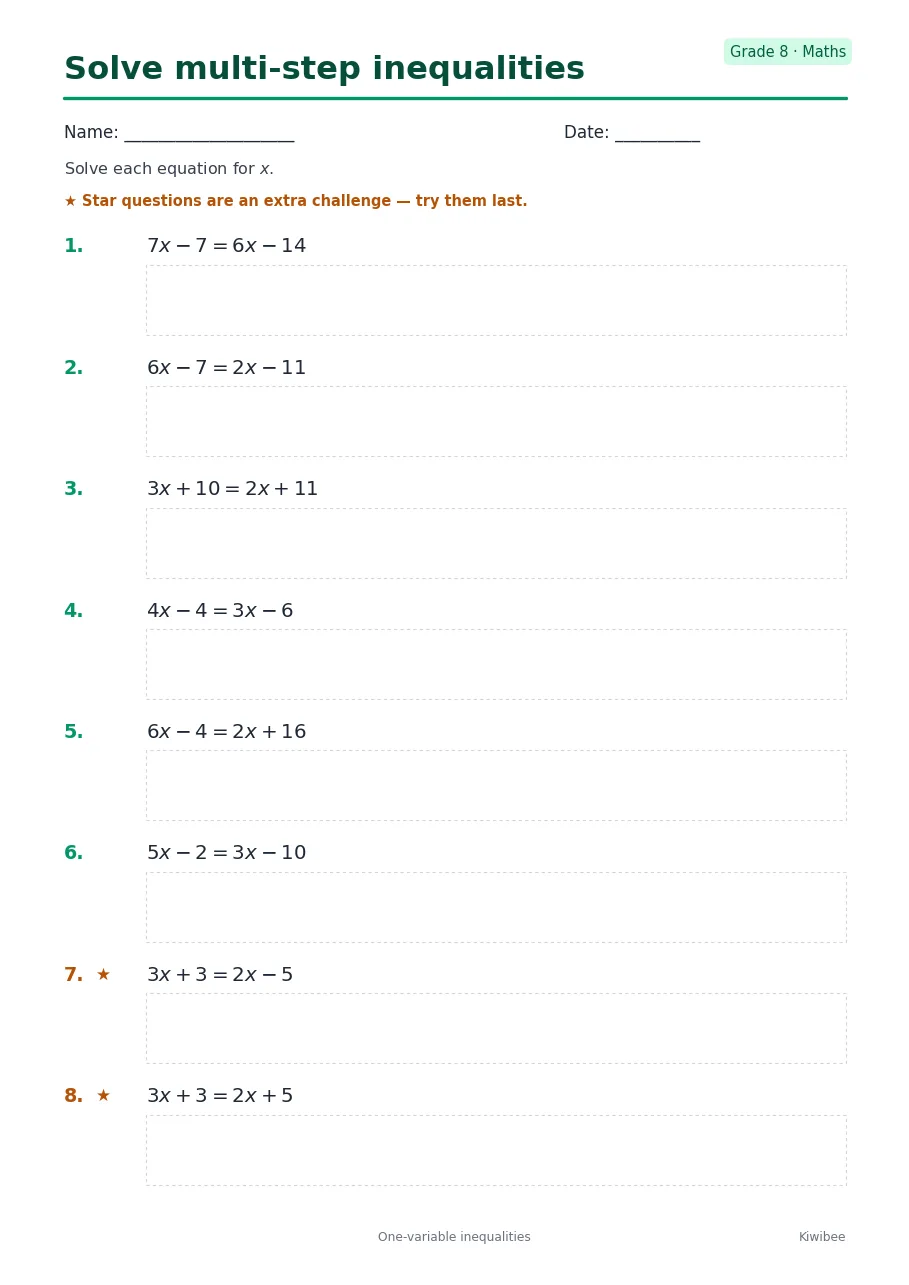 Solve multi-step inequalities worksheet — Grade 8