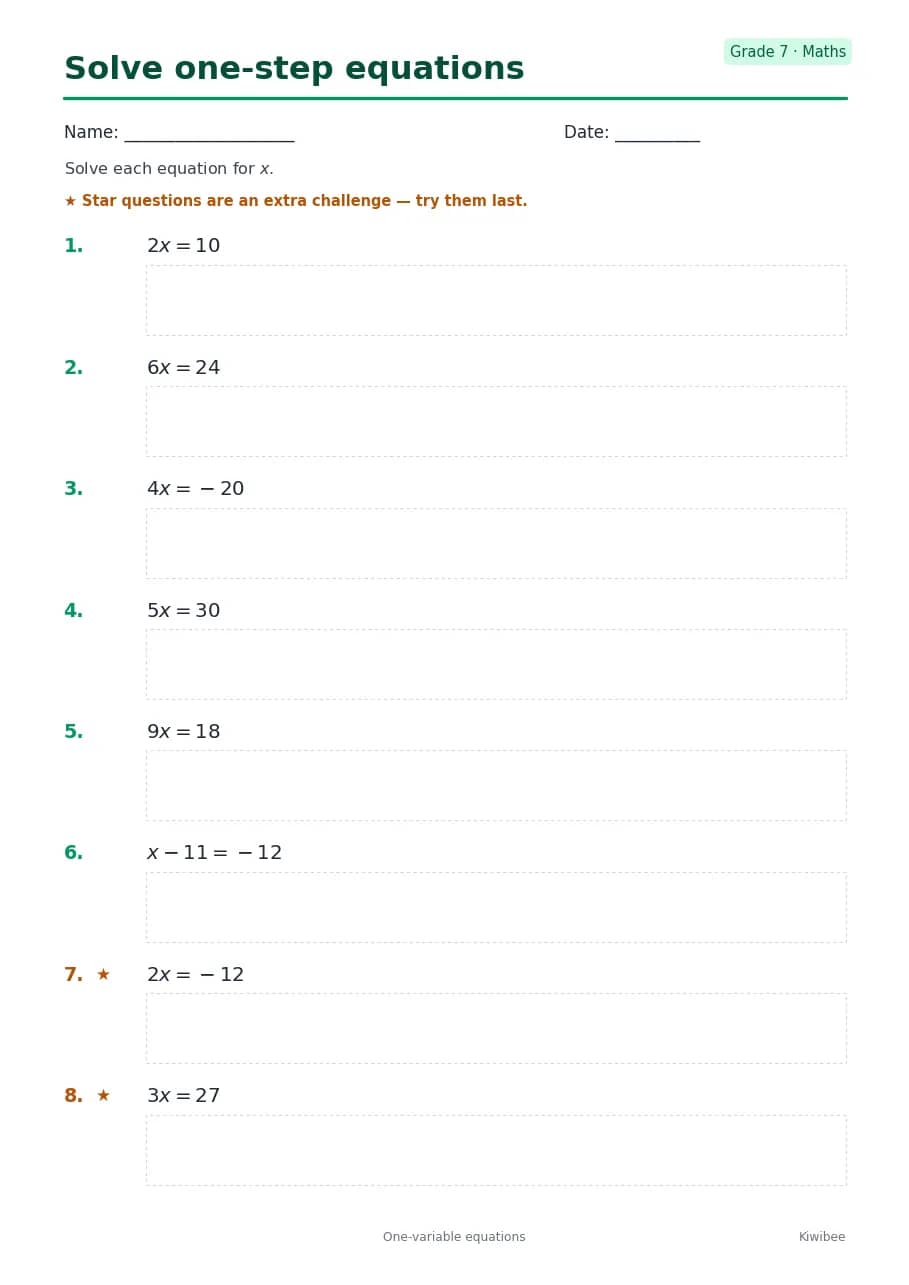 Solve one-step equations worksheet — Grade 7
