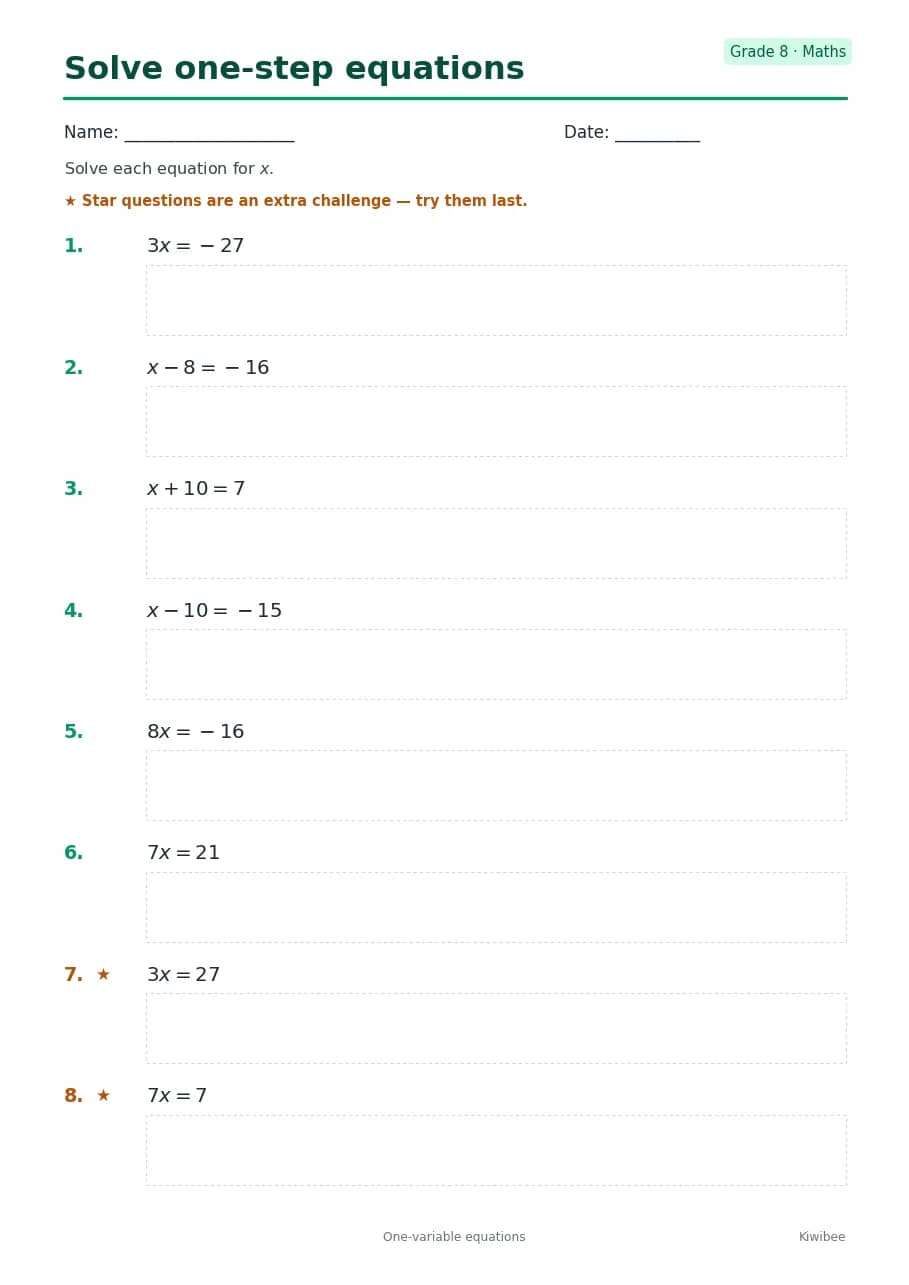Solve one-step equations worksheet — Grade 8