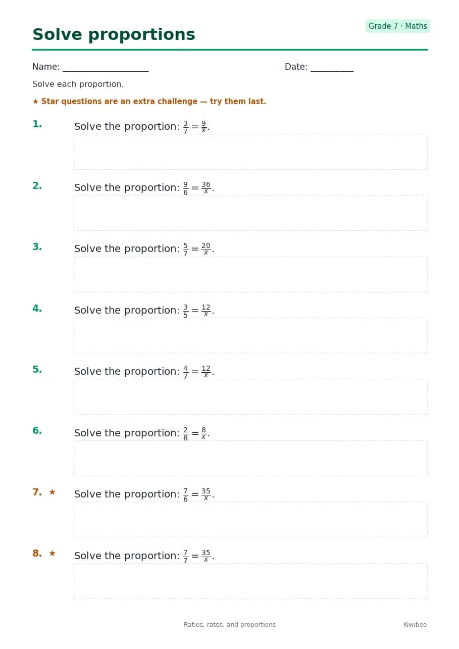 Solve proportions worksheet — Grade 7