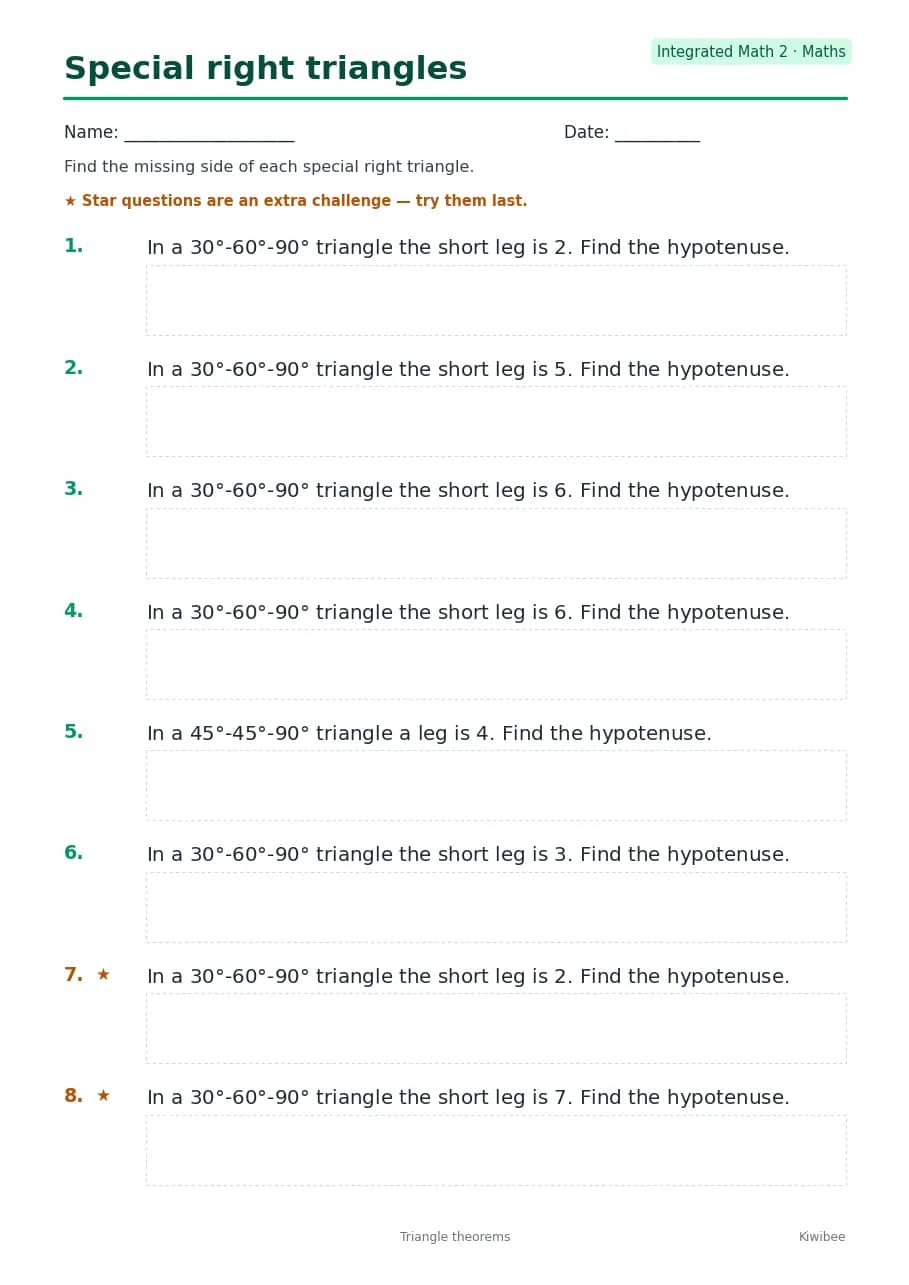 Special right triangles worksheet — Integrated Math 2