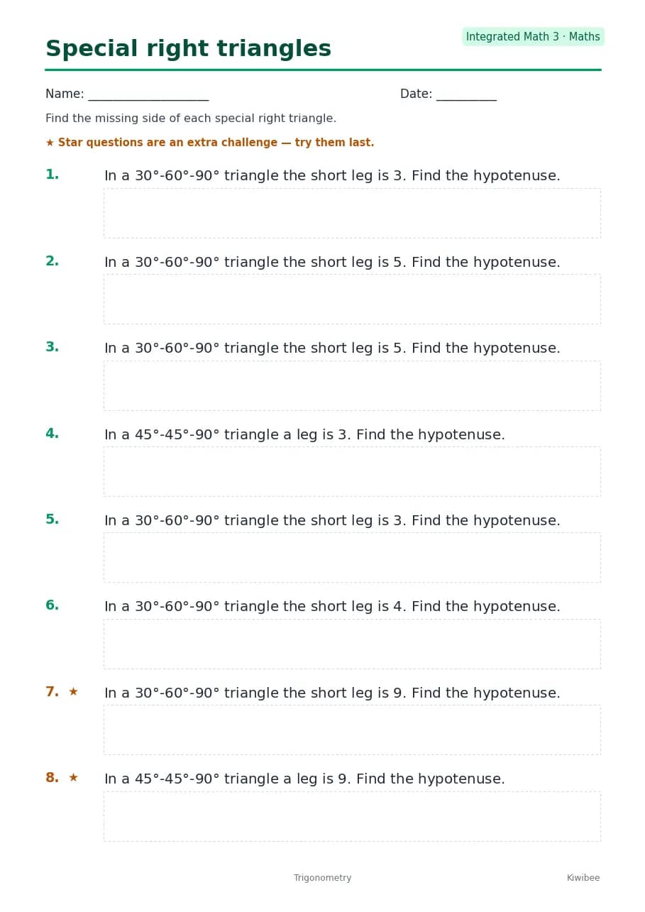 Special right triangles worksheet — Integrated Math 3