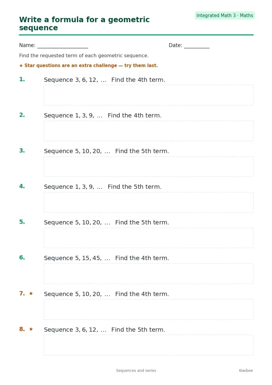 Write a formula for a geometric sequence worksheet — Integrated Math 3