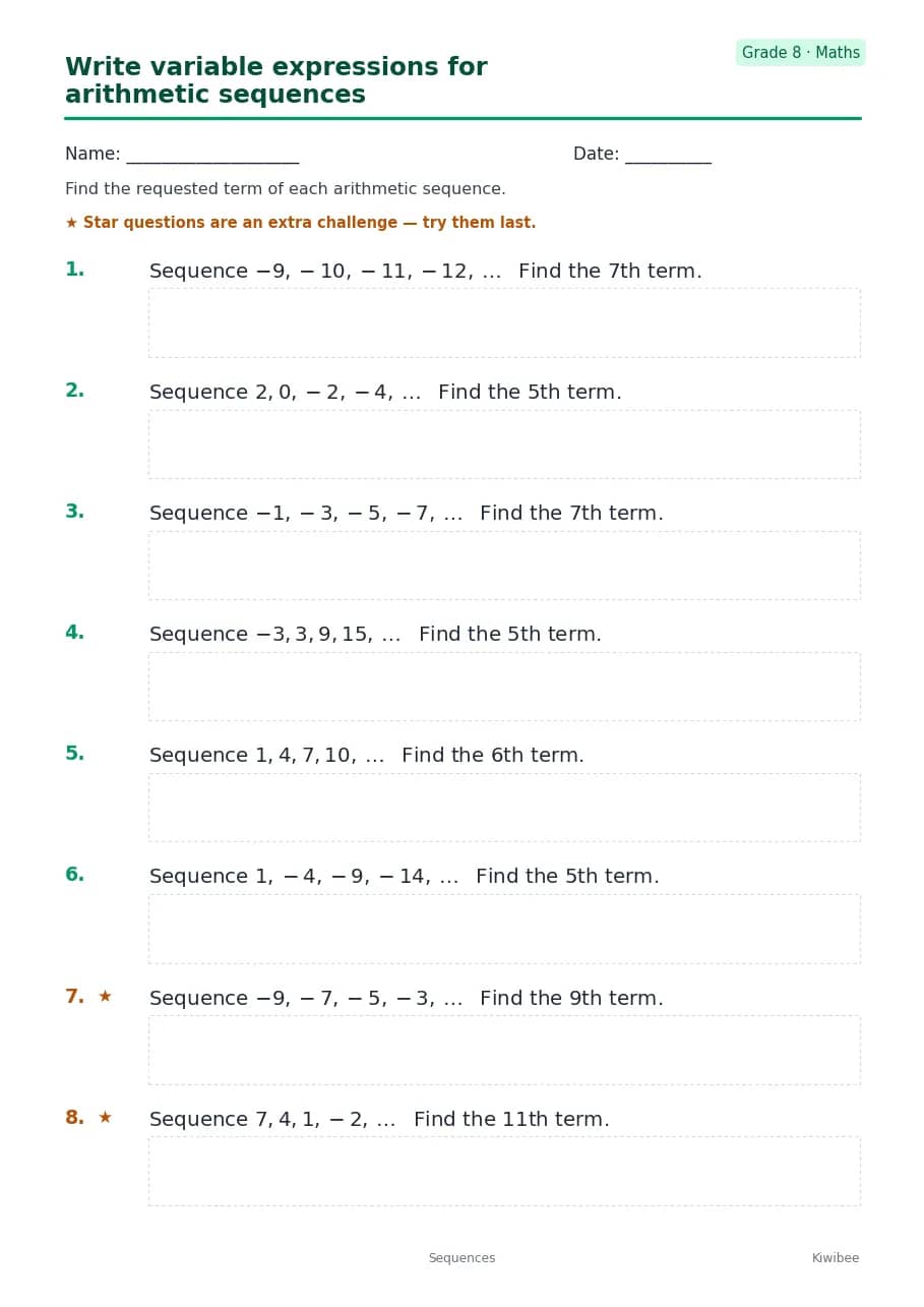 Write variable expressions for arithmetic sequences worksheet — Grade 8