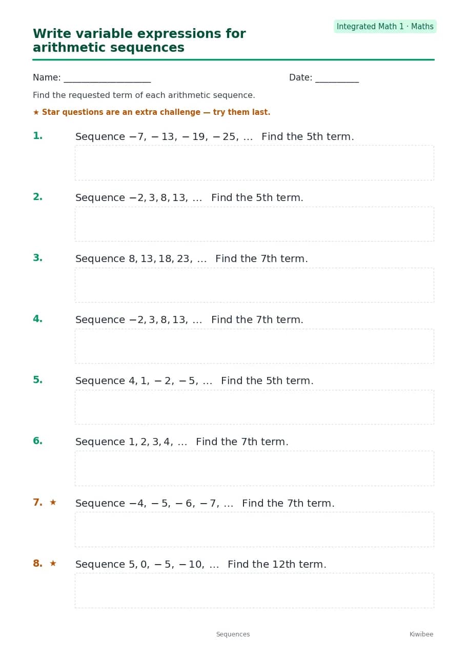 Write variable expressions for arithmetic sequences worksheet — Integrated Math 1