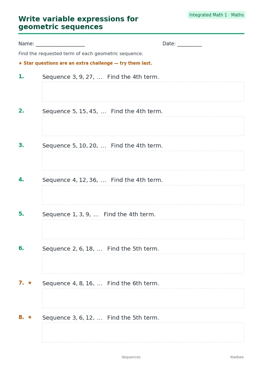 Write variable expressions for geometric sequences
