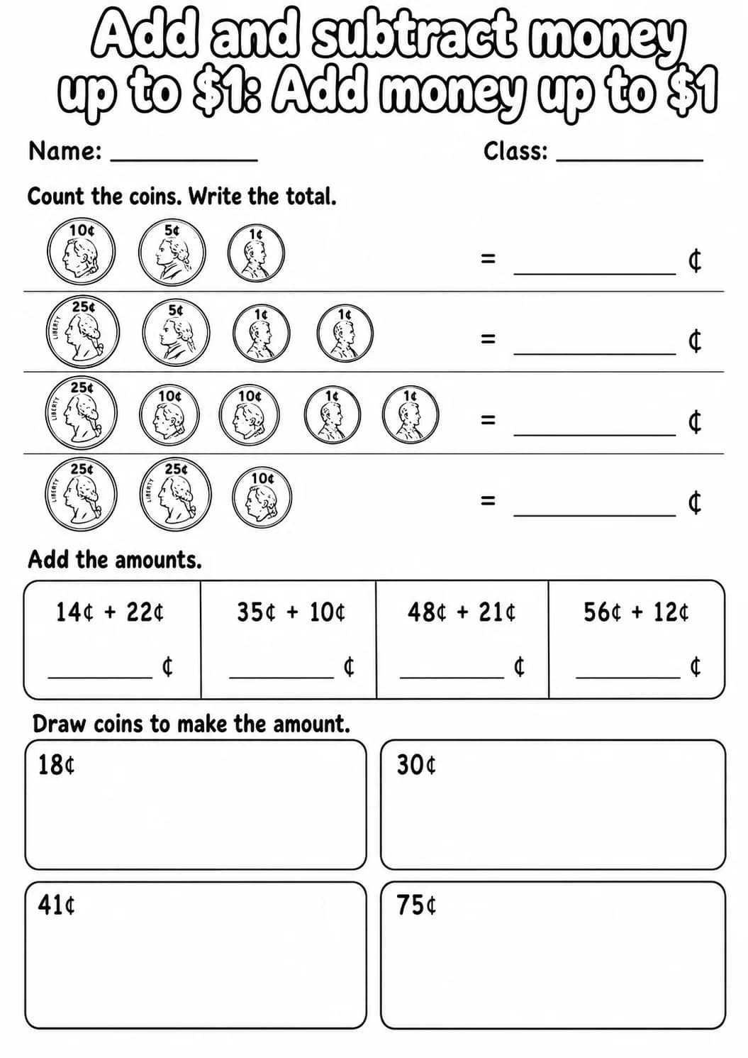 Grade 2 Add And Subtract Money Up To $1 Math Worksheet Pack printable worksheet pack preview