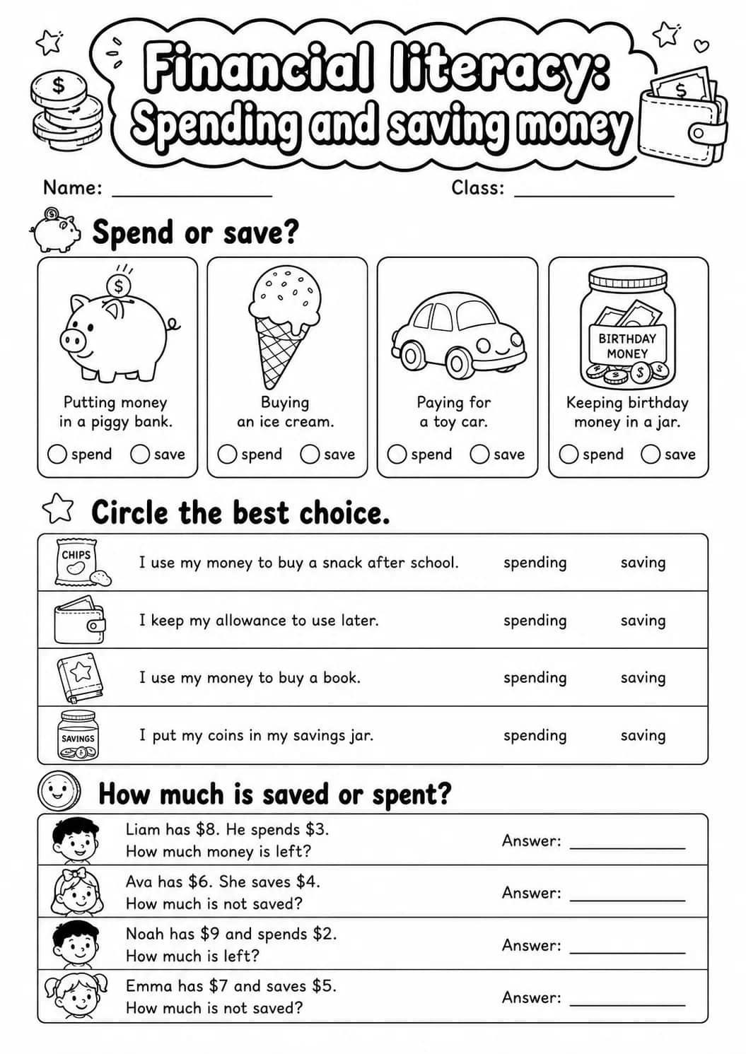 Grade 2 Financial Literacy Math Worksheet Pack printable worksheet pack preview
