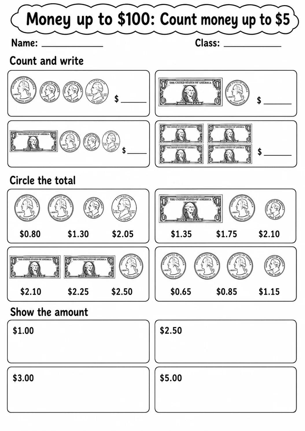 Grade 2 Money Up To $100 Math Worksheet Pack printable worksheet pack preview