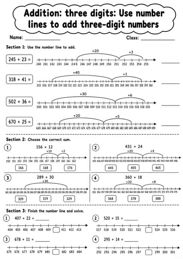 Grade 3 Addition: Three Digits Math Worksheet Pack