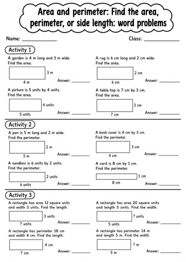 Grade 3 Area And Perimeter Math Worksheet Pack
