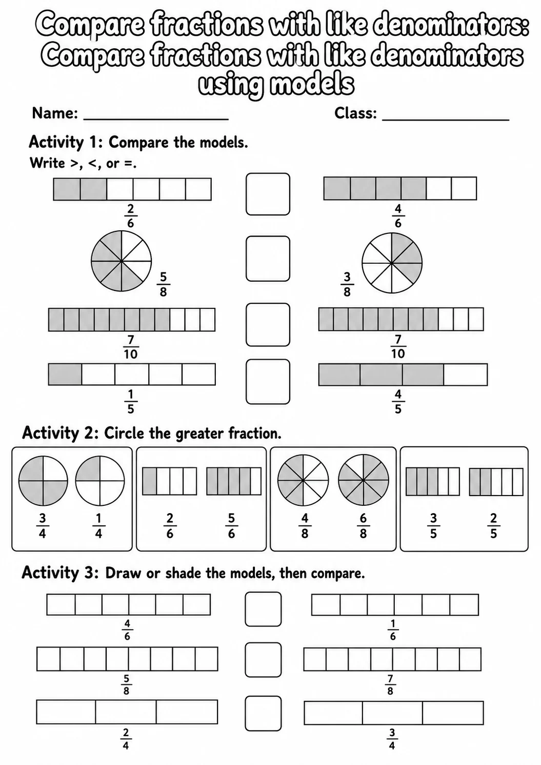 Grade 3 Compare Fractions With Like Denominators Math Worksheet Pack printable worksheet pack preview