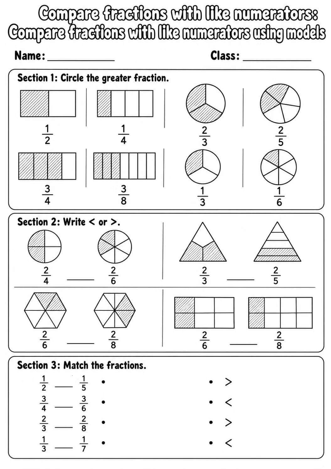 Grade 3 Compare Fractions With Like Numerators Math Worksheet Pack printable worksheet pack preview