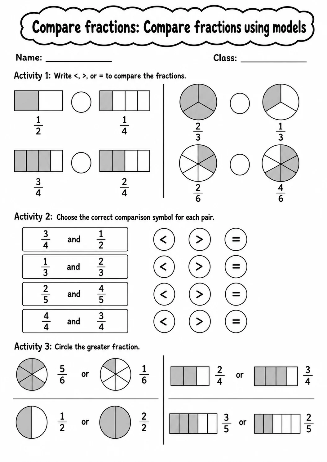 Grade 3 Compare Fractions Math Worksheet Pack printable worksheet pack preview