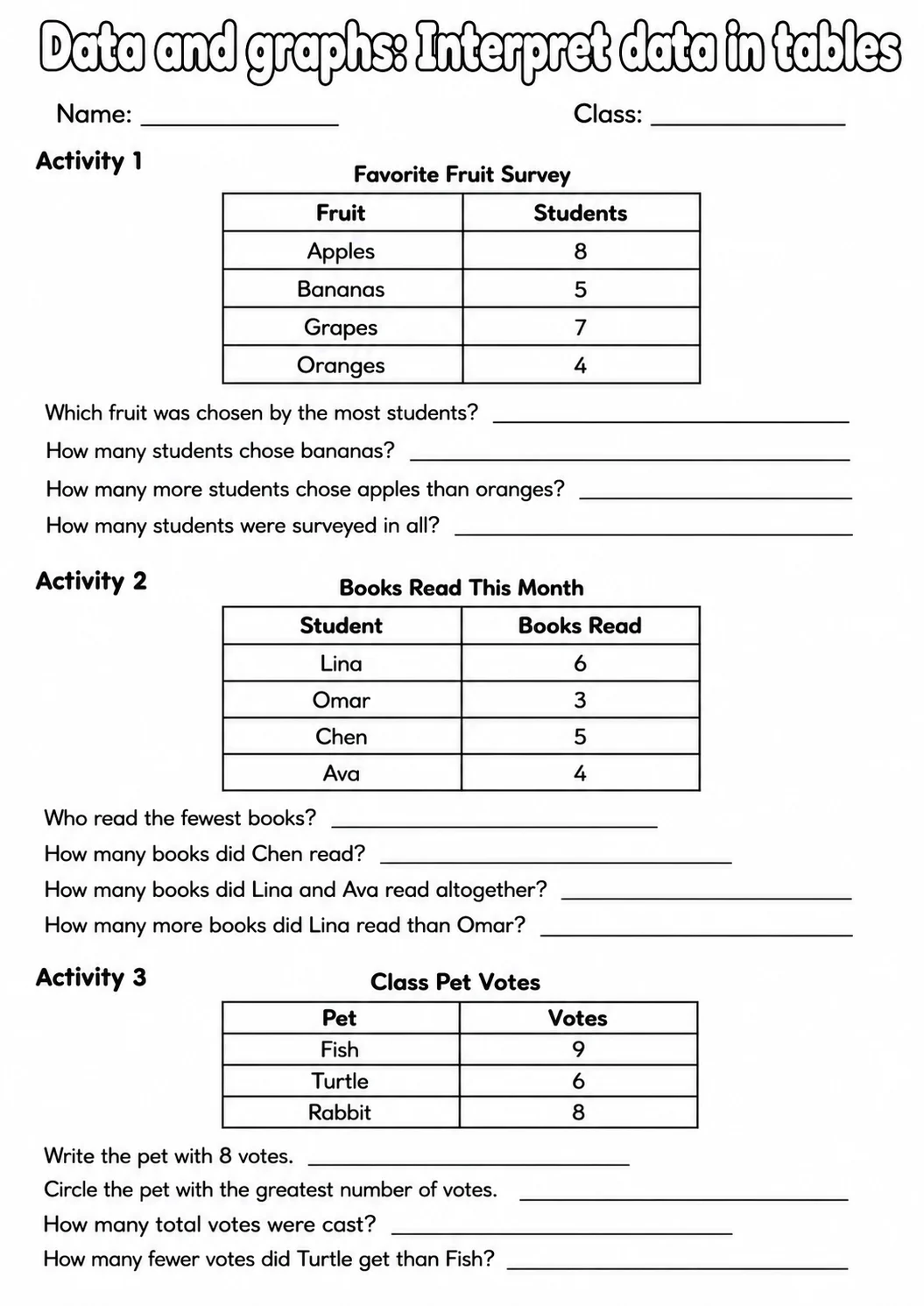 Grade 3 Data And Graphs Math Worksheet Pack printable worksheet pack preview