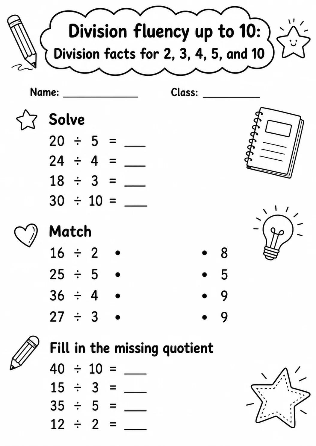 Grade 3 Division Fluency Up To 10 Math Worksheet Pack printable worksheet pack preview