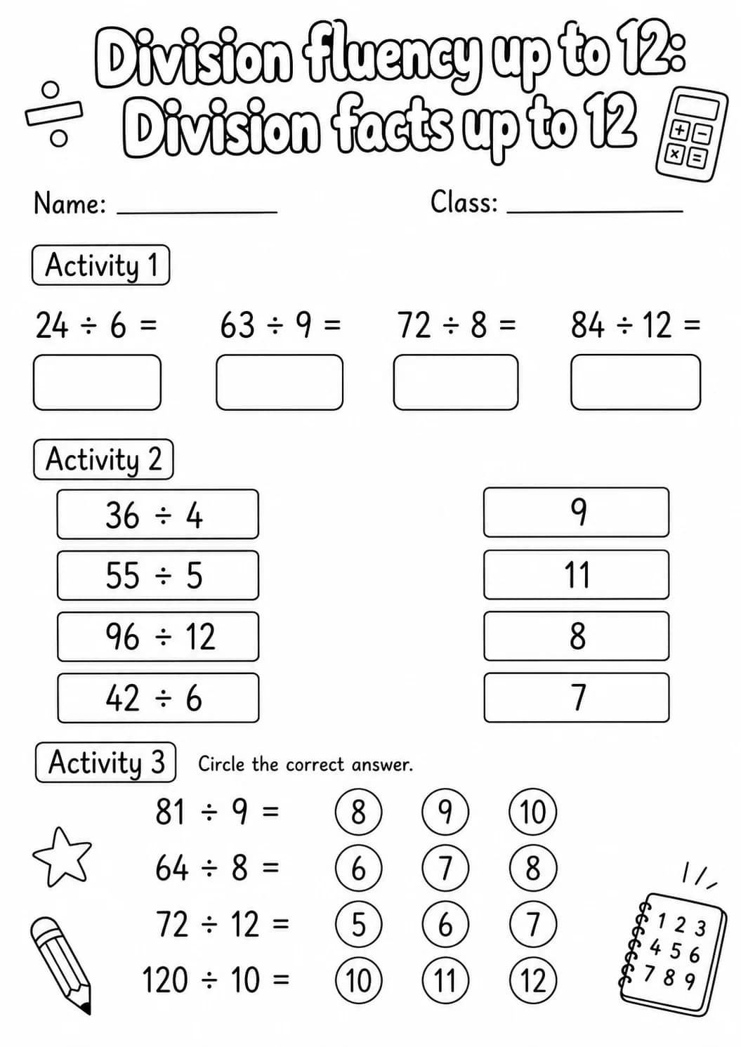 Grade 3 Division Fluency Up To 12 Math Worksheet Pack printable worksheet pack preview
