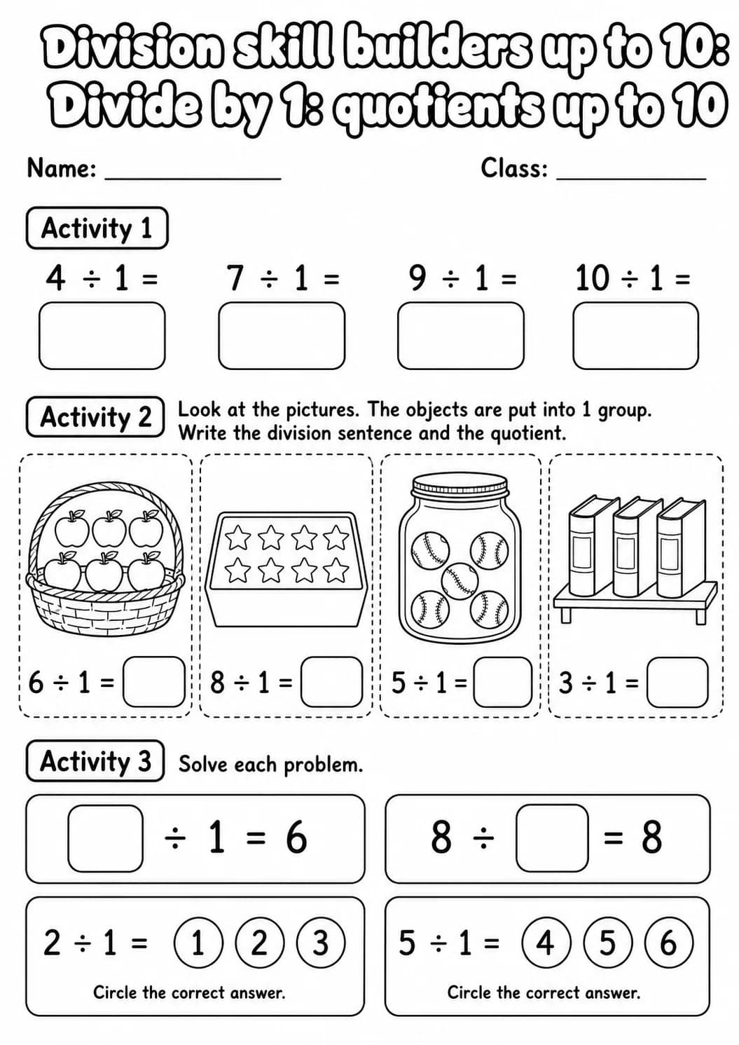 Grade 3 Division Skill Builders Up To 10 Math Worksheet Pack printable worksheet pack preview