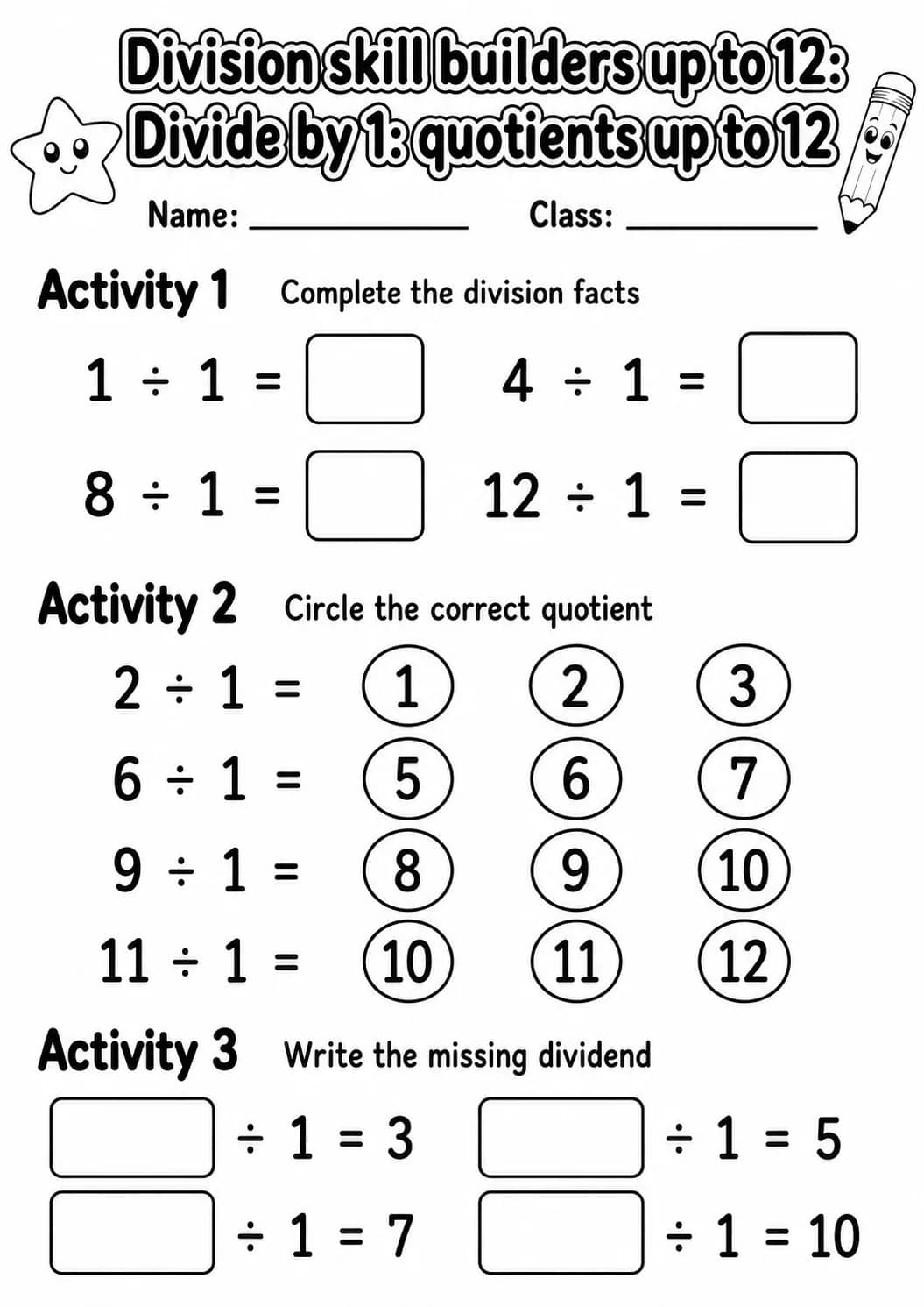 Grade 3 Division Skill Builders Up To 12 Math Worksheet Pack printable worksheet pack preview