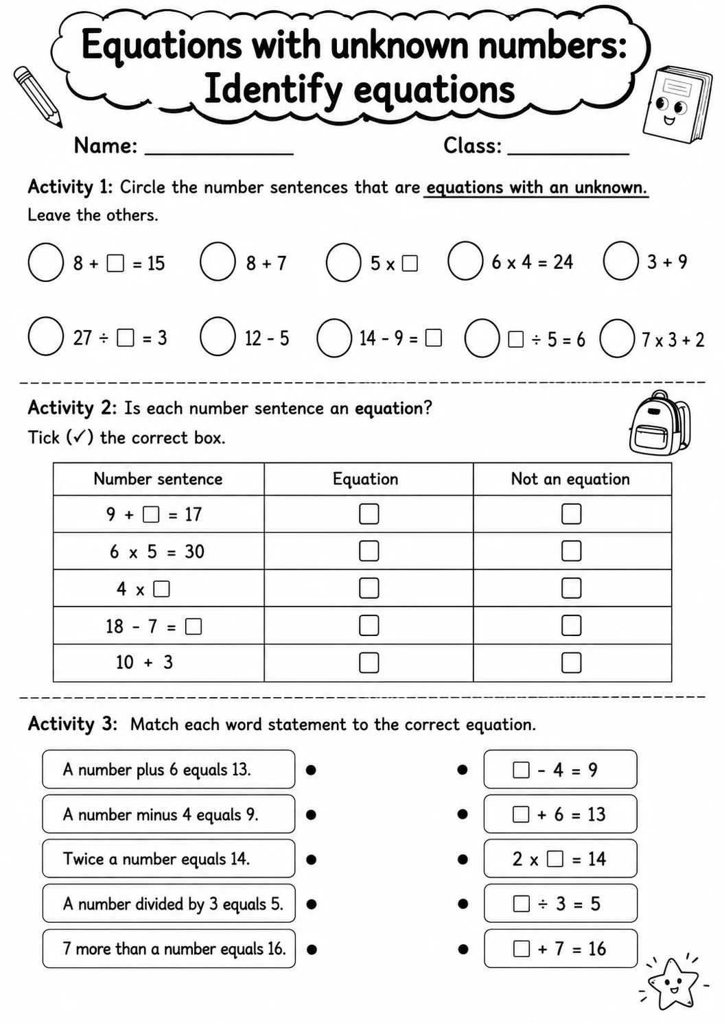 Grade 3 Equations With Unknown Numbers Math Worksheet Pack printable worksheet pack preview