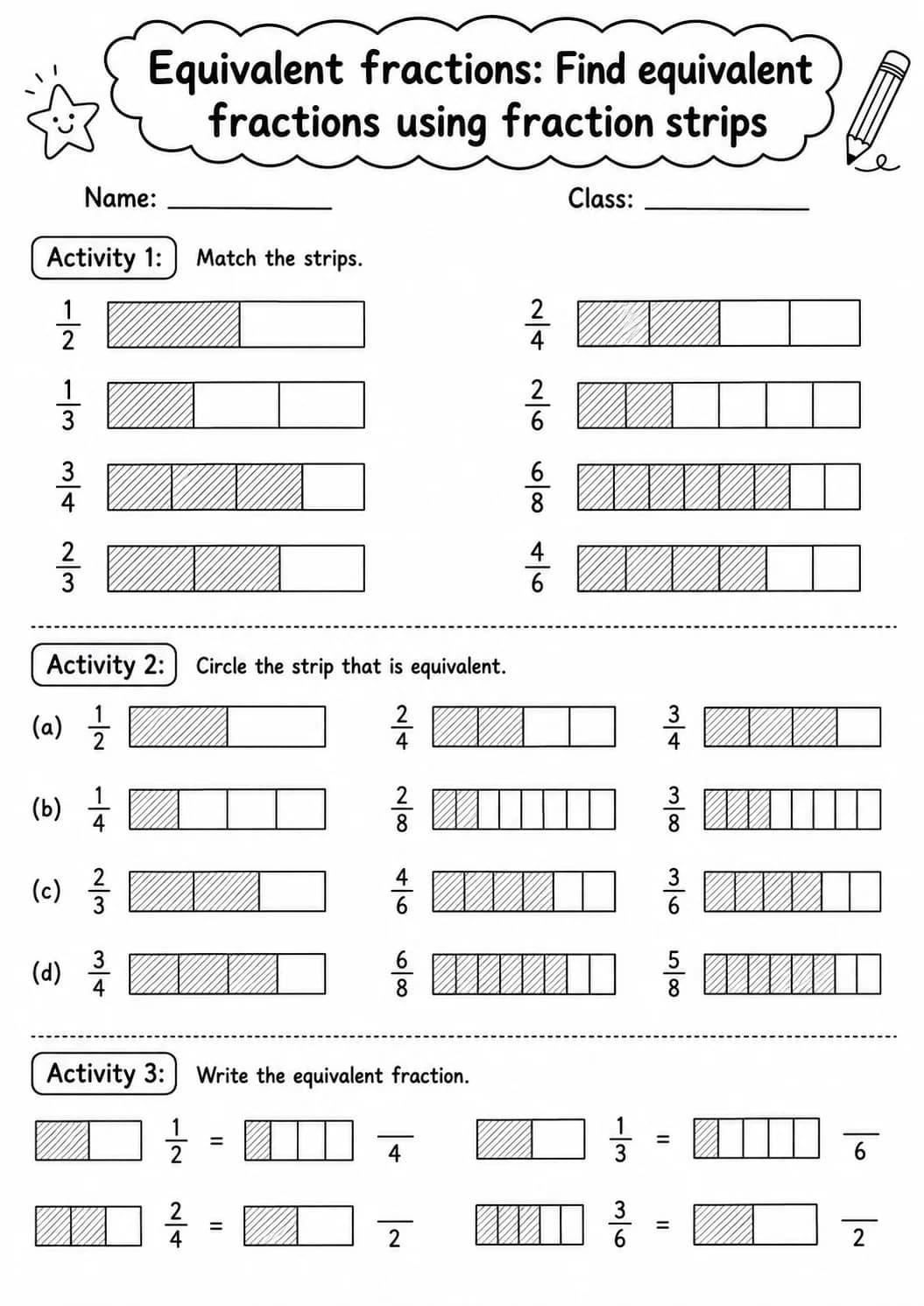 Grade 3 Equivalent Fractions Math Worksheet Pack printable worksheet pack preview
