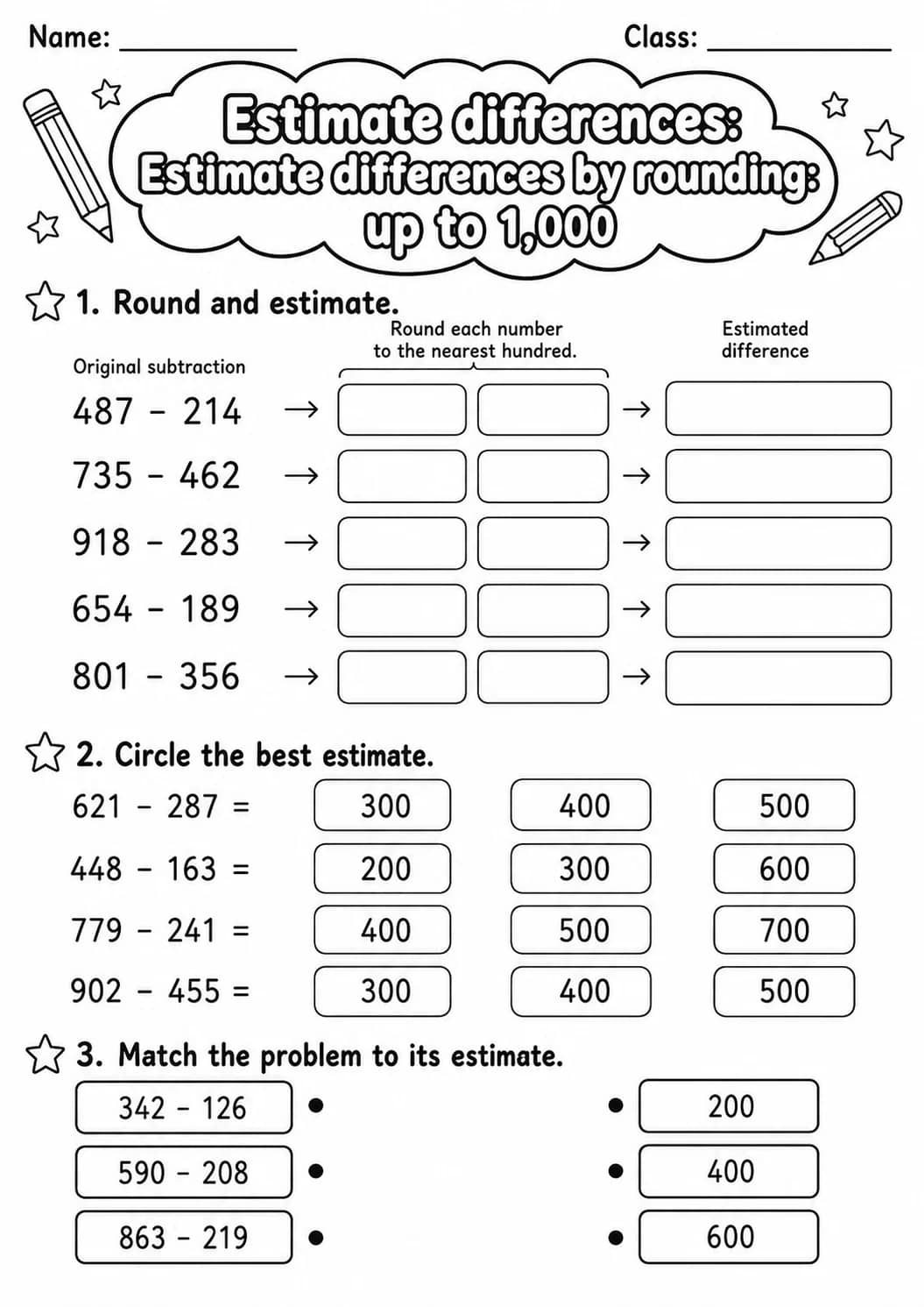 Grade 3 Estimate Differences Math Worksheet Pack printable worksheet pack preview
